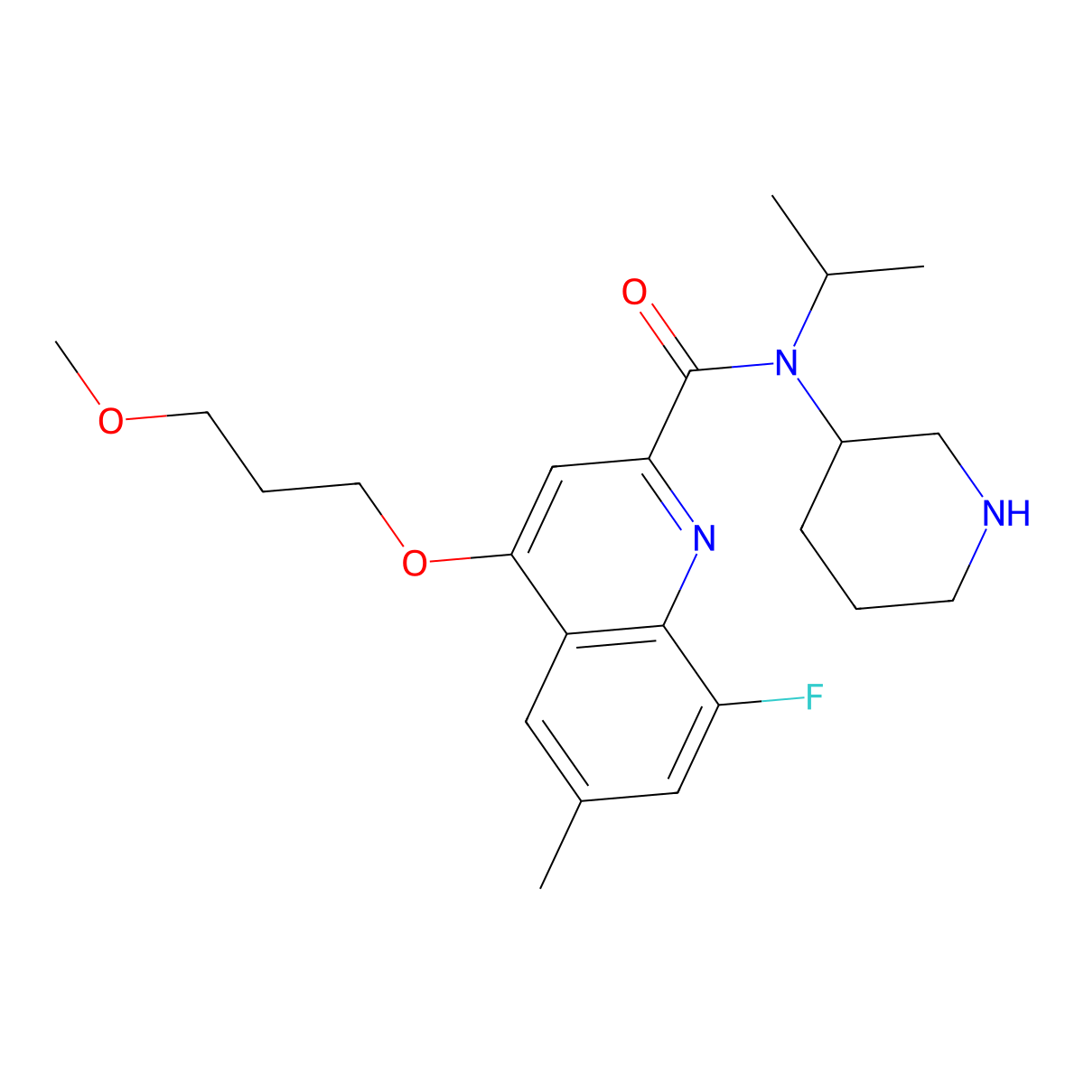 (R)-8-Fluoro-N-isopropyl-4-(3-methoxypropoxy)-6-methyl-N-(piperidin-3-yl)quinoline-2-carboxamide molecular structure, CAS 1078129-57-3