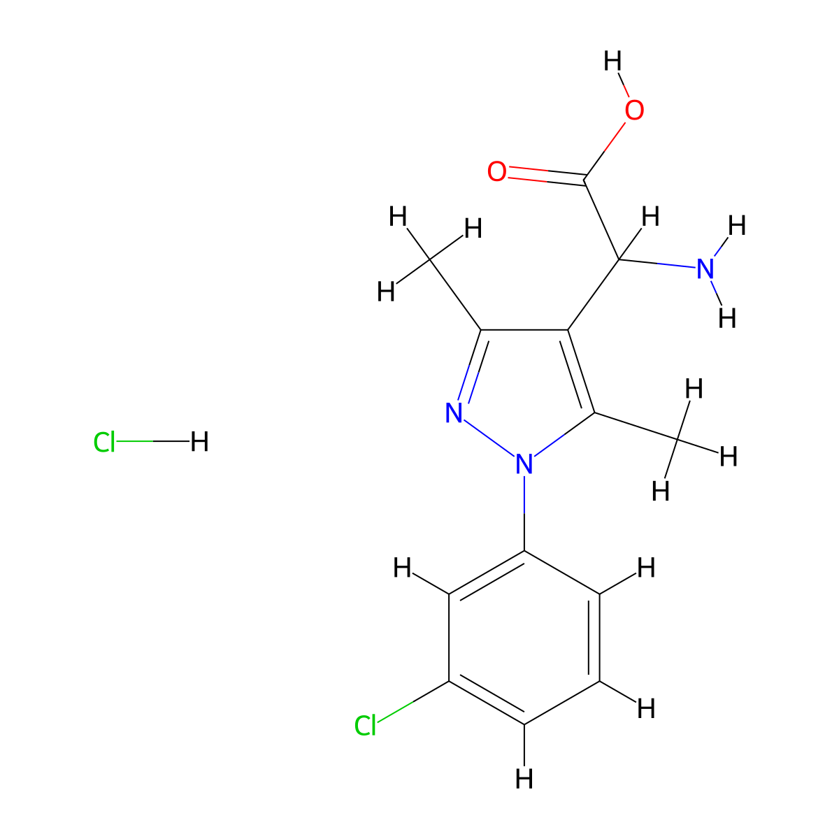 2-amino-2-(1-(3-chlorophenyl)-3,5-dimethyl-1H-pyrazol-4-yl)acetic acid hydrochloride molecular structure, CAS 1078161-69-9
