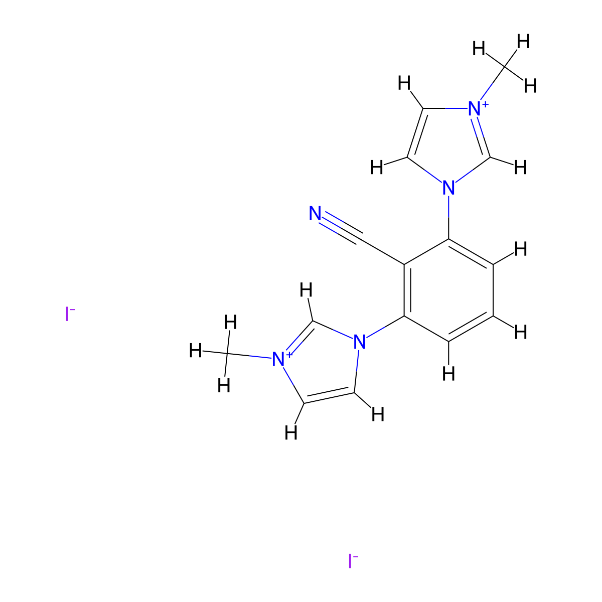 1-[2-cyano-3-(3-methyl-1H-imidazol-3-ium-1-yl)phenyl]-3-methyl-1H-imidazol-3-ium diiodide molecular structure, CAS 1078634-03-3