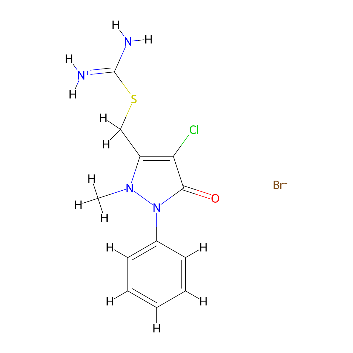 amino{[(4-chloro-2-methyl-5-oxo-1-phenyl-2,5-dihydro-1H-pyrazol-3-yl)methyl]sulfanyl}methaniminium bromide molecular structure, CAS 1078634-31-7