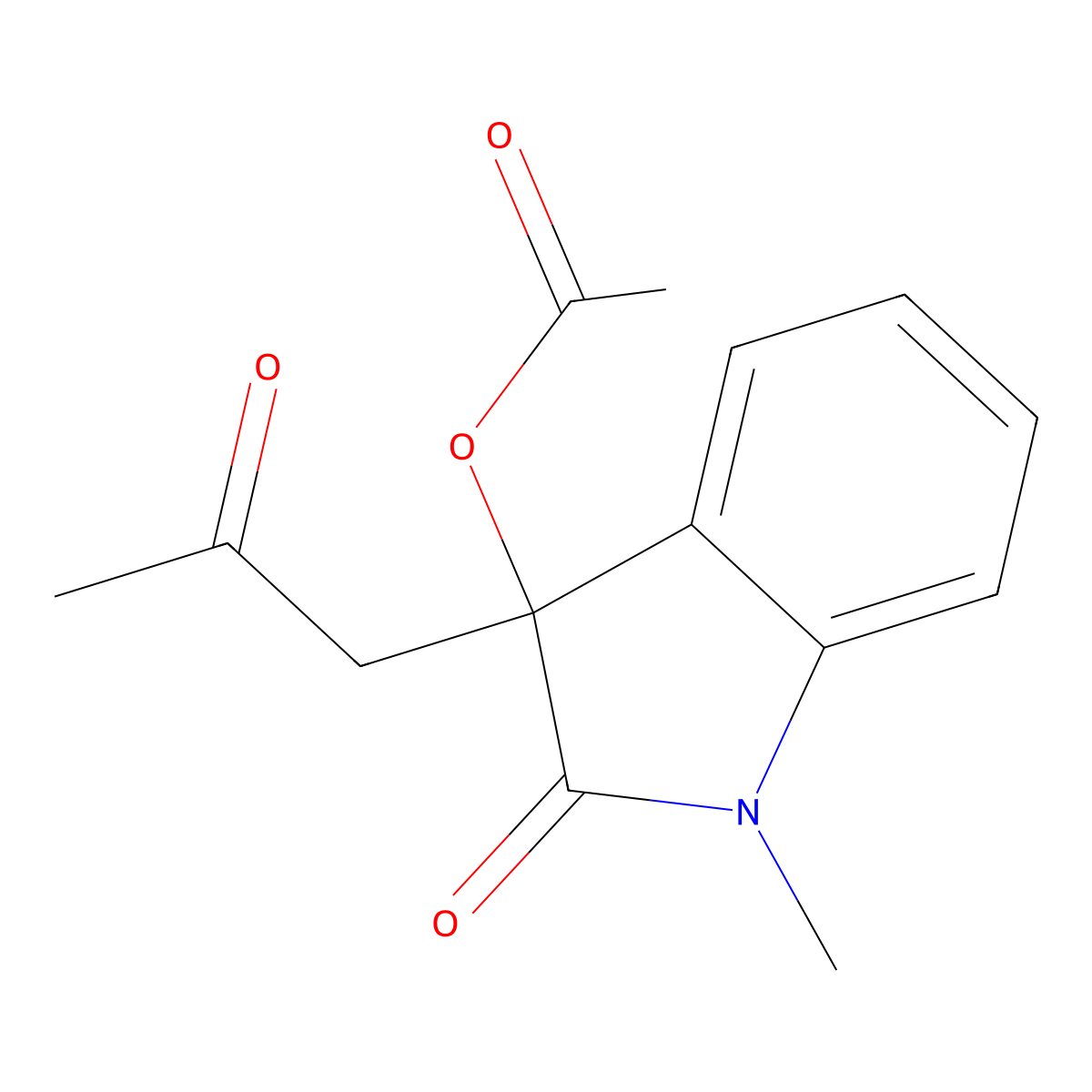 1-methyl-2-oxo-3-(2-oxopropyl)-2,3-dihydro-1H-indol-3-yl acetate molecular structure, CAS 107864-78-8