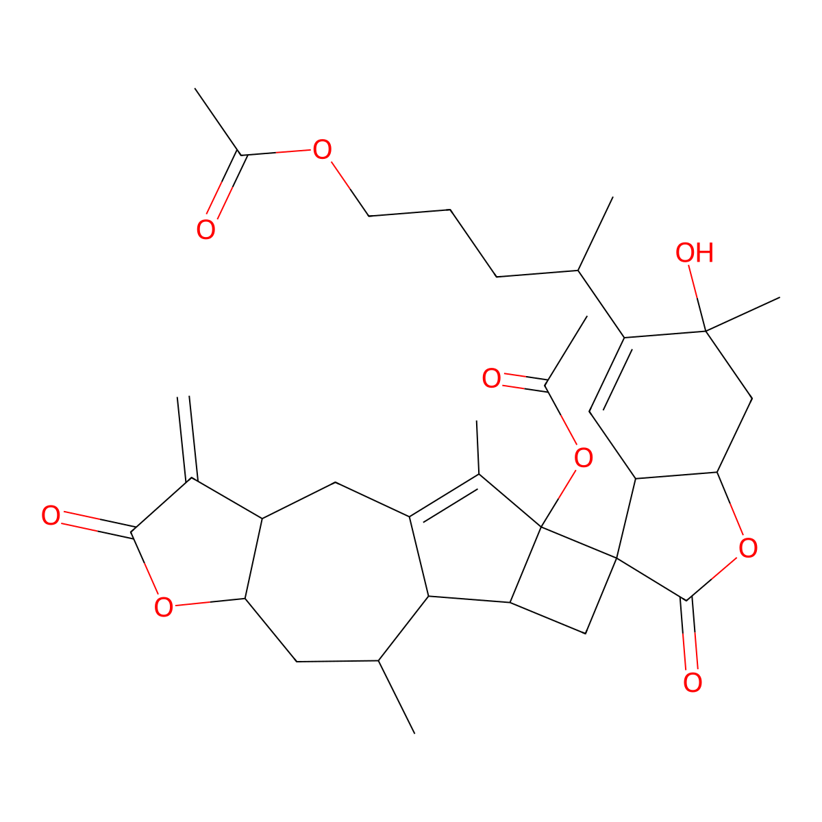 4-(14-acetyloxy-6'-hydroxy-6',9,15-trimethyl-4-methylidene-2',5-dioxospiro[6-oxatetracyclo[8.5.0.03,7.011,14]pentadec-1(15)-ene-13,3'-7,7a-dihydro-3aH-1-benzofuran]-5'-yl)pentyl acetate molecular structure, CAS 1078711-42-8
