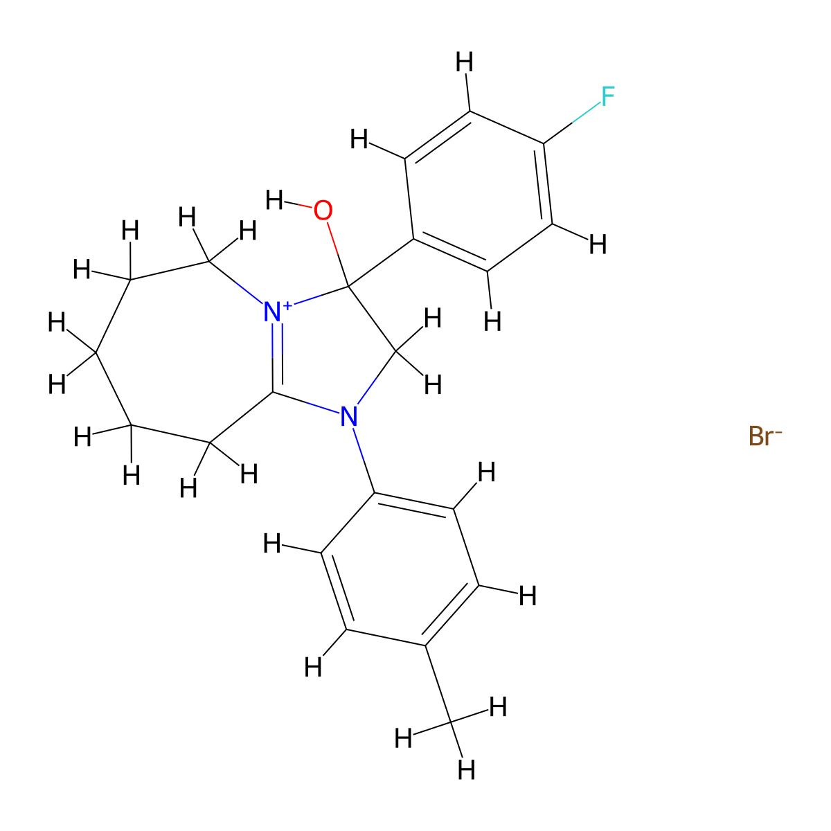 3-(4-fluorophenyl)-3-hydroxy-1-(p-tolyl)-3,5,6,7,8,9-hexahydro-2H-imidazo[1,2-a]azepin-1-ium bromide molecular structure, CAS 1078715-53-3