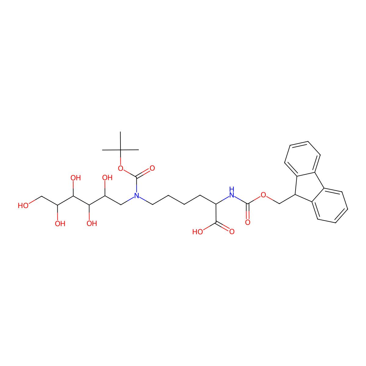 6-[Tert-butoxycarbonyl-(2,3,4,5,6-pentahydroxy-hexyl)-amino]-2-(9H-fluoren-9-ylmethoxycarbonylamino)-hexanoic acid molecular structure, CAS 1078721-99-9