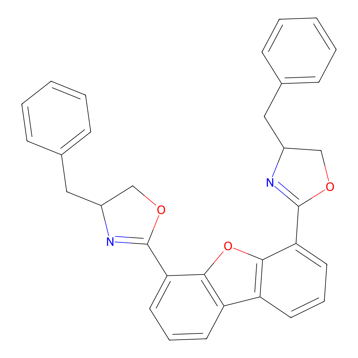 4,6-Bis((R)-4-benzyl-4,5-dihydrooxazol-2-yl)dibenzo[b,d]furan molecular structure, CAS 1080596-47-9