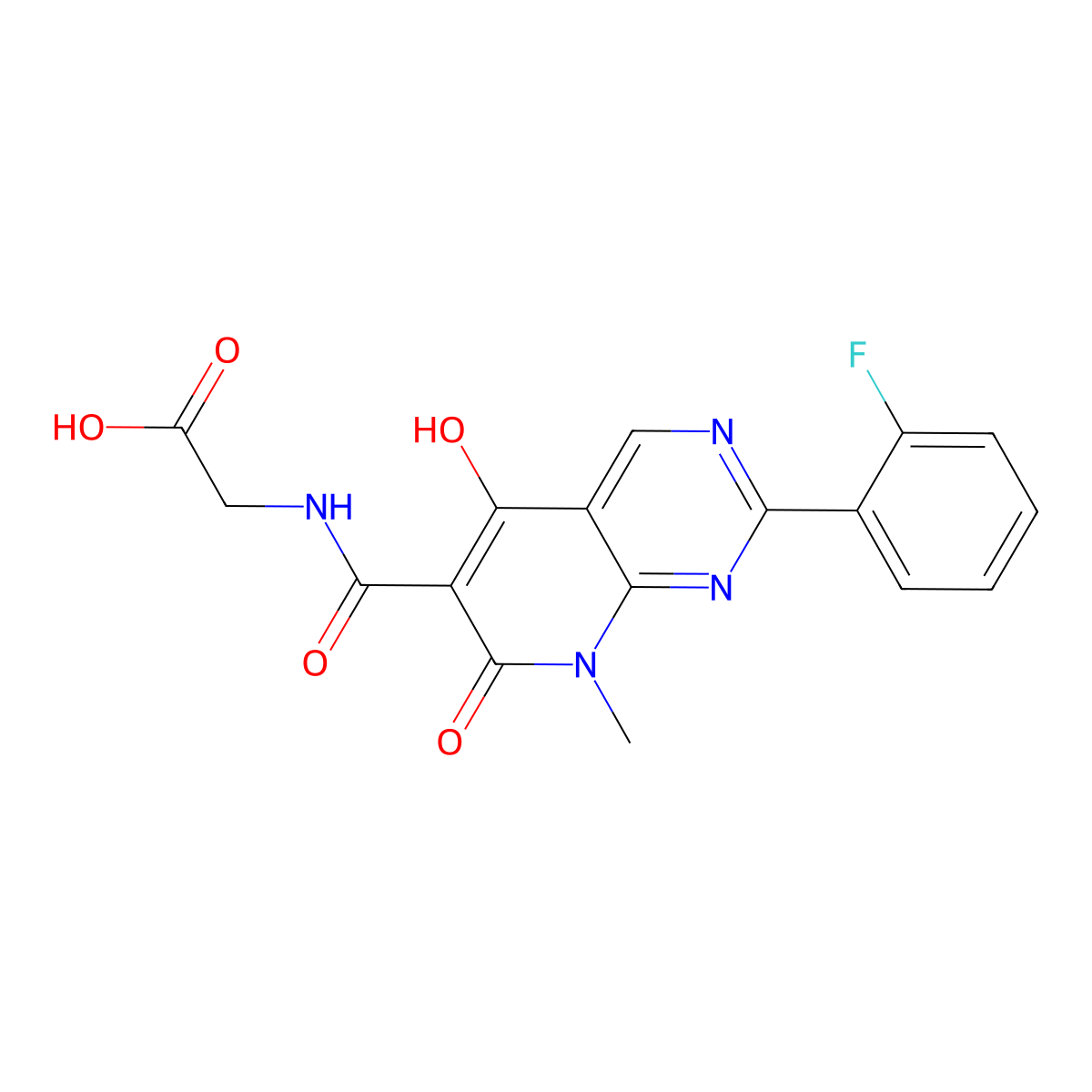 2-(2-(2-Fluorophenyl)-5-hydroxy-8-methyl-7-oxo-7,8-dihydropyrido[2,3-d]pyrimidine-6-carboxamido)acetic acid molecular structure, CAS 1080644-24-1