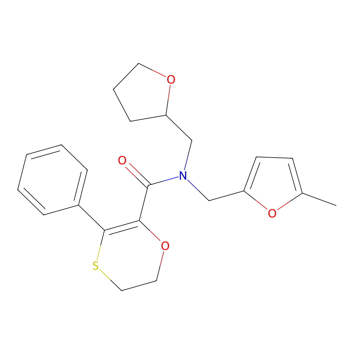 1,4-Oxathiin-2-carboxamide, 5,6-dihydro-N-[(5-methyl-2-furanyl)methyl]-3-phenyl-N-[(tetrahydro-2-furanyl)methyl]- molecular structure, CAS 1081114-01-3