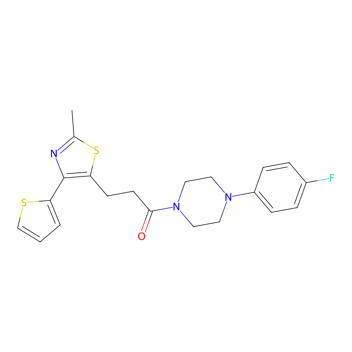 1-(4-(4-Fluorophenyl)piperazin-1-yl)-3-(2-methyl-4-(thiophen-2-yl)thiazol-5-yl)propan-1-one molecular structure, CAS 1081115-12-9