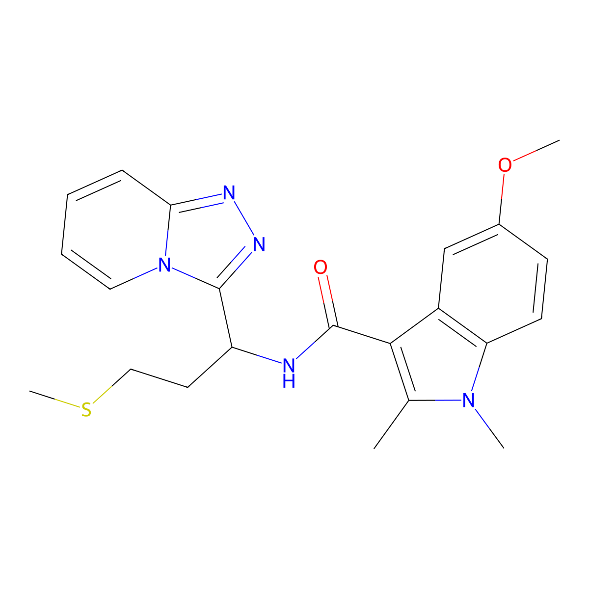 5-methoxy-1,2-dimethyl-N-[3-(methylsulfanyl)-1-([1,2,4]triazolo[4,3-a]pyridin-3-yl)propyl]-1H-indole-3-carboxamide molecular structure, CAS 1081116-47-3
