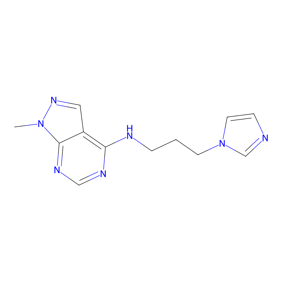(3-Imidazolylpropyl)(1-methylpyrazolo[4,5-e]pyrimidin-4-yl)amine molecular structure, CAS 1081118-85-5