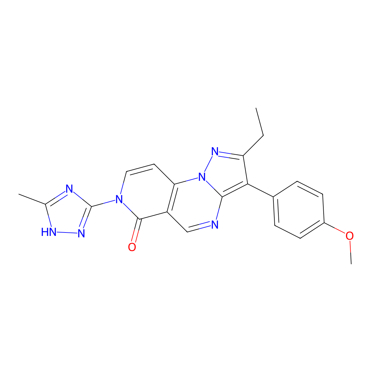 2-ethyl-3-(4-methoxyphenyl)-7-(5-methyl-4H-1,2,4-triazol-3-yl)pyrazolo[1,5-a]pyrido[3,4-e]pyrimidin-6(7H)-one molecular structure, CAS 1081119-76-7
