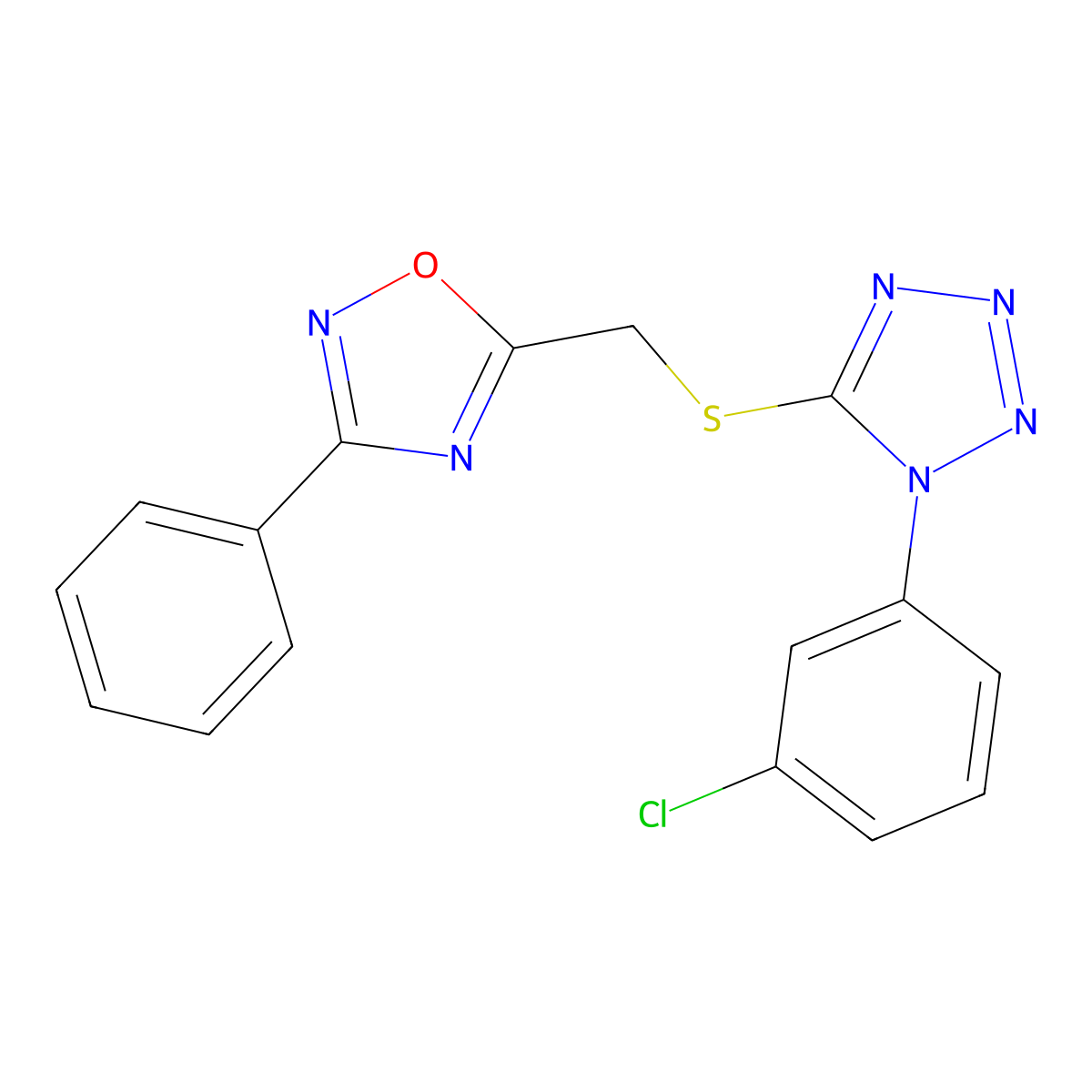 1-(3-chlorophenyl)-5-{[(3-phenyl-1,2,4-oxadiazol-5-yl)methyl]sulfanyl}-1H-tetrazole molecular structure, CAS 1081120-89-9
