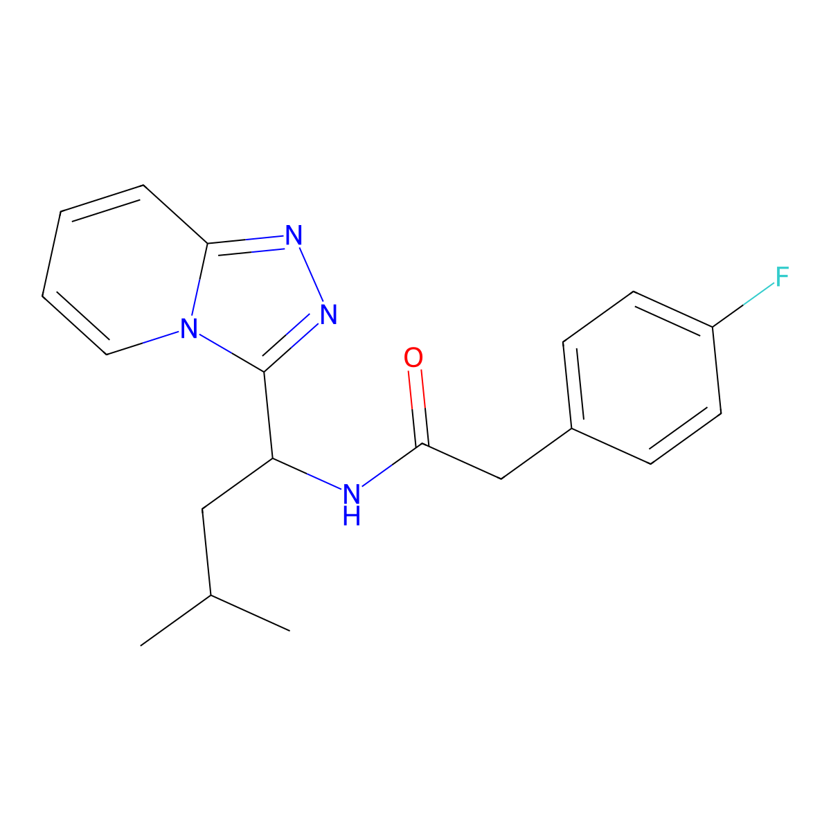 2-(4-fluorophenyl)-N-[3-methyl-1-([1,2,4]triazolo[4,3-a]pyridin-3-yl)butyl]acetamide molecular structure, CAS 1081122-40-8