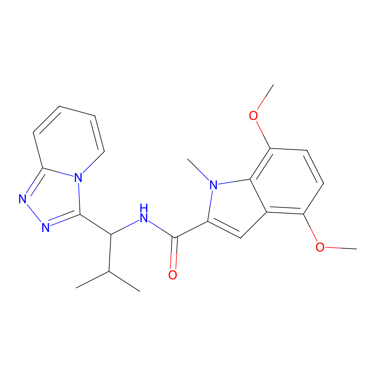 4,7-dimethoxy-1-methyl-N-[2-methyl-1-([1,2,4]triazolo[4,3-a]pyridin-3-yl)propyl]-1H-indole-2-carboxamide molecular structure, CAS 1081122-49-7