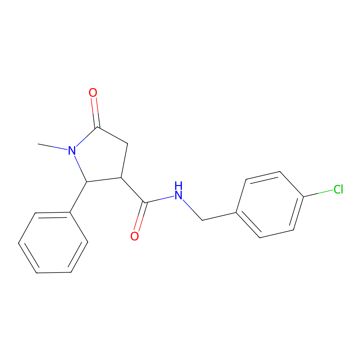 N-(4-chlorobenzyl)-1-methyl-5-oxo-2-phenylpyrrolidine-3-carboxamide molecular structure, CAS 1081125-24-7