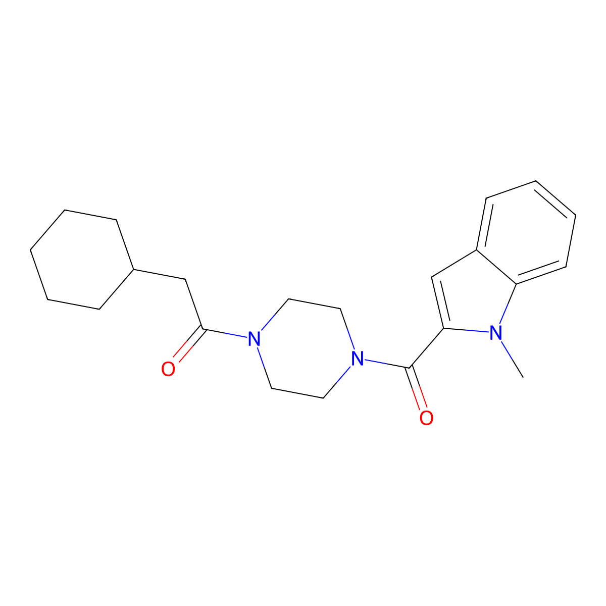 2-cyclohexyl-1-{4-[(1-methyl-1H-indol-2-yl)carbonyl]piperazin-1-yl}ethanone molecular structure, CAS 1081130-39-3