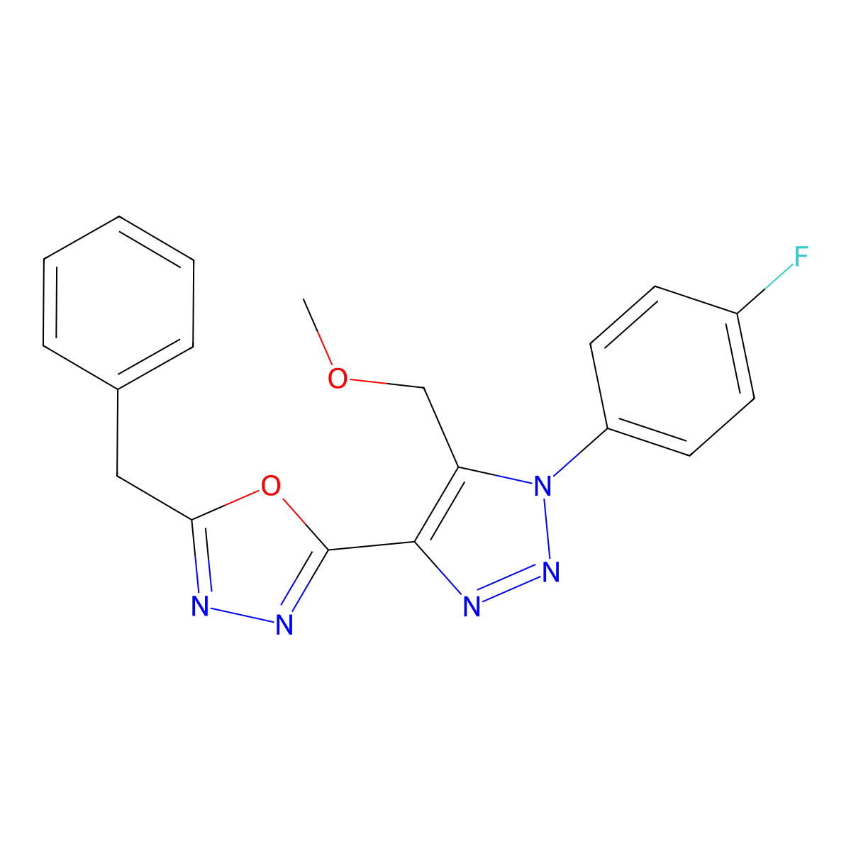 2-benzyl-5-(1-(4-fluorophenyl)-5-(methoxymethyl)-1H-1,2,3-triazol-4-yl)-1,3,4-oxadiazole molecular structure, CAS 1081131-10-3