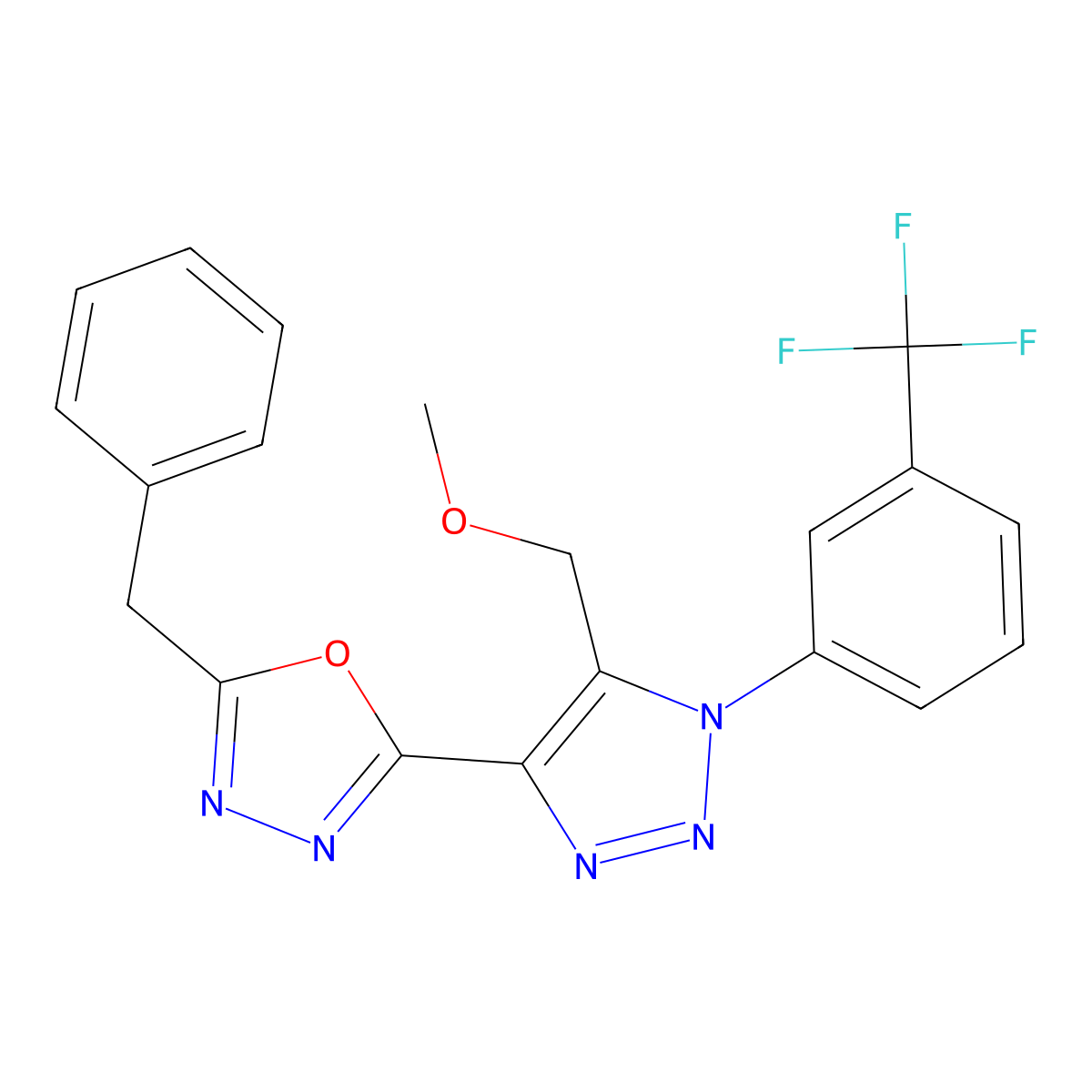 2-benzyl-5-(5-(methoxymethyl)-1-(3-(trifluoromethyl)phenyl)-1H-1,2,3-triazol-4-yl)-1,3,4-oxadiazole molecular structure, CAS 1081132-28-6