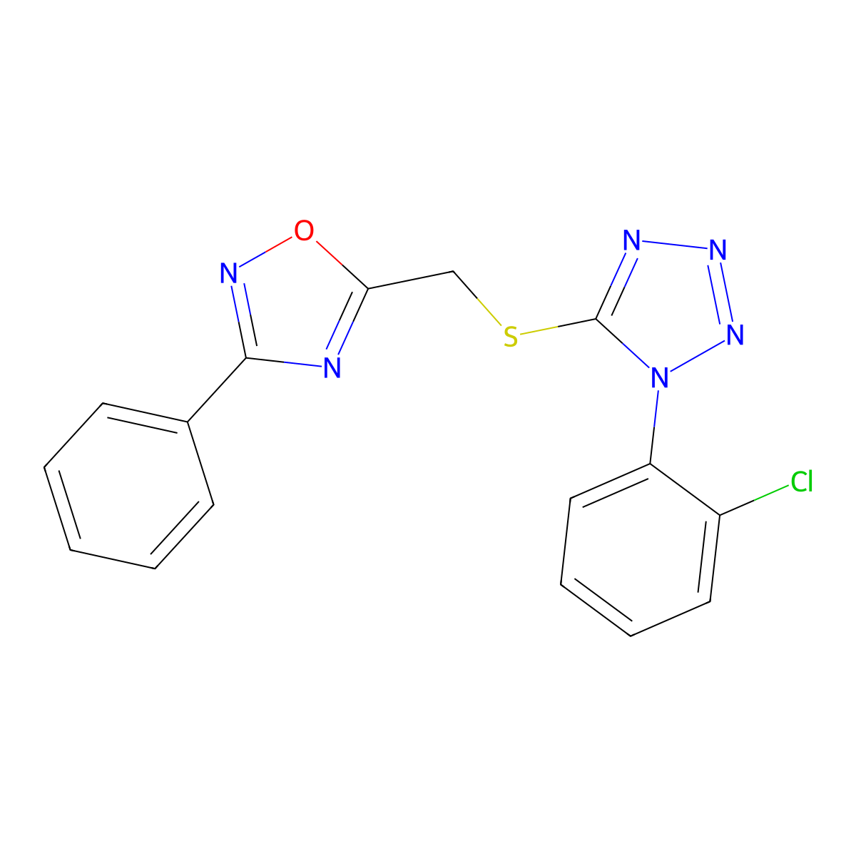 1-(2-chlorophenyl)-5-{[(3-phenyl-1,2,4-oxadiazol-5-yl)methyl]sulfanyl}-1H-tetrazole molecular structure, CAS 1081134-63-5