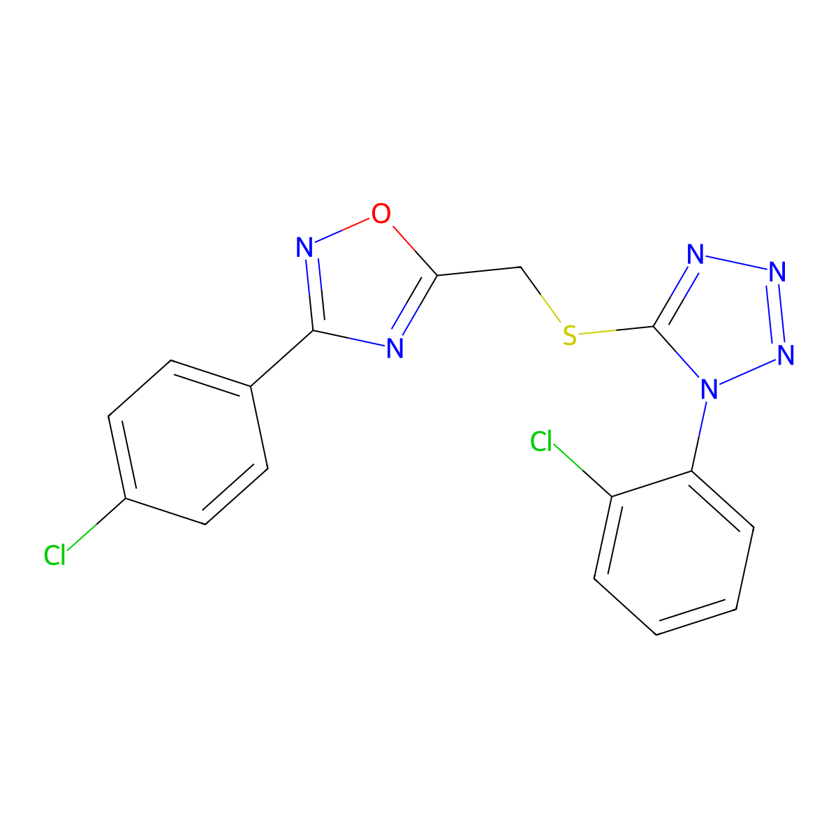 1-(2-chlorophenyl)-5-({[3-(4-chlorophenyl)-1,2,4-oxadiazol-5-yl]methyl}sulfanyl)-1H-tetrazole molecular structure, CAS 1081135-62-7