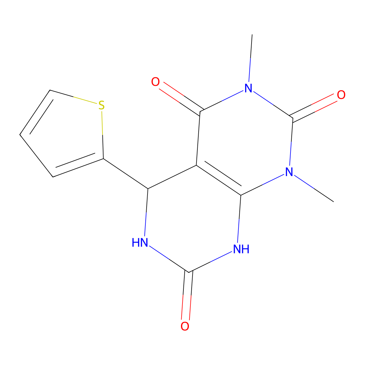 1,3-dimethyl-5-(thiophen-2-yl)-5,6-dihydropyrimido[4,5-d]pyrimidine-2,4,7(1H,3H,8H)-trione molecular structure, CAS 1081135-73-0