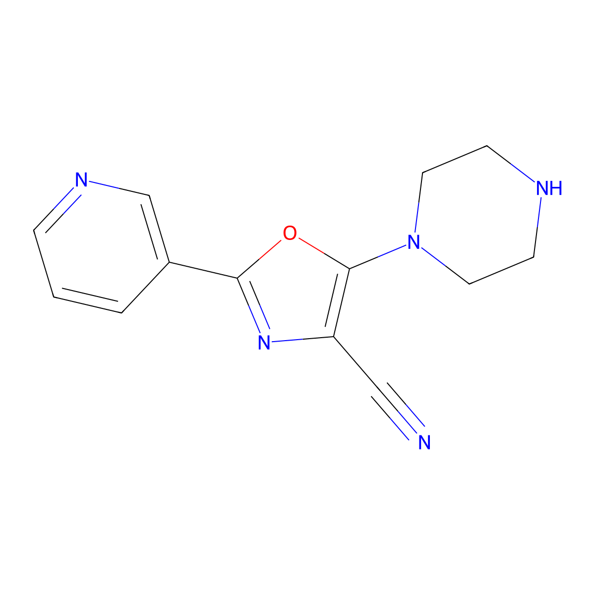 5-(Piperazin-1-yl)-2-(pyridin-3-yl)oxazole-4-carbonitrile molecular structure, CAS 1081136-96-0
