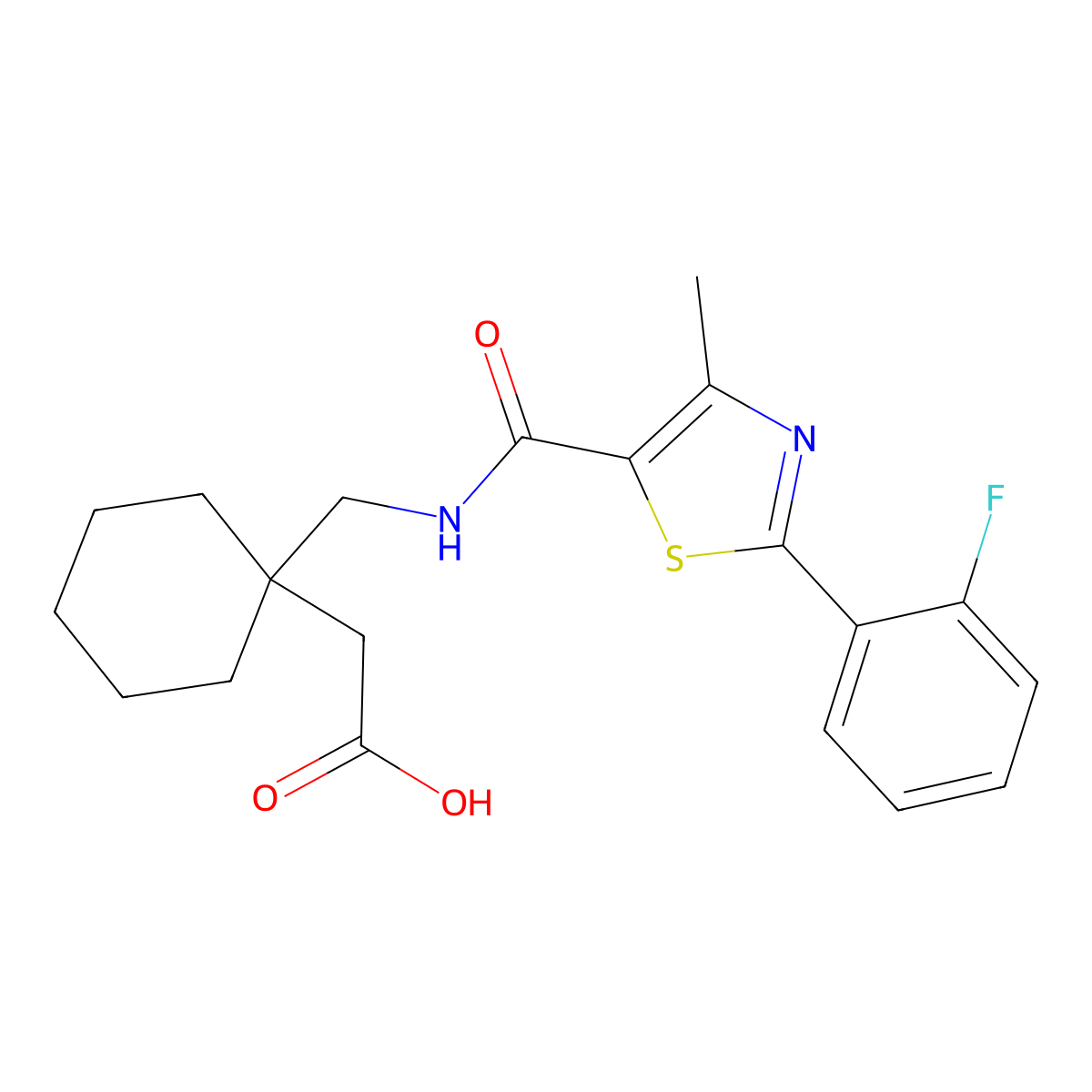 {1-[({[2-(2-Fluorophenyl)-4-methyl-1,3-thiazol-5-yl]carbonyl}amino)methyl]cyclohexyl}acetic acid molecular structure, CAS 1081140-73-9