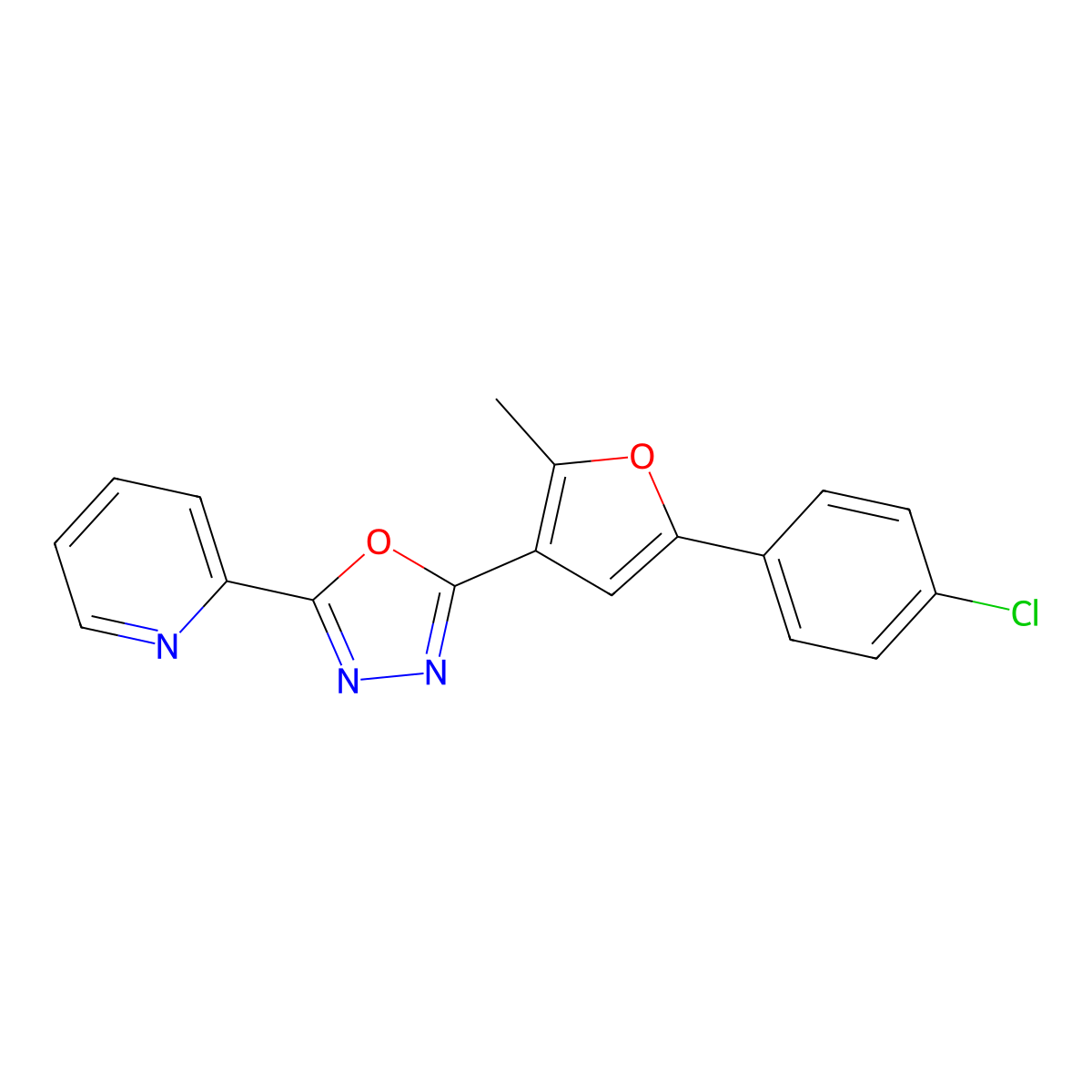2-{5-[5-(4-Chlorophenyl)-2-methylfuran-3-yl]-1,3,4-oxadiazol-2-yl}pyridine molecular structure, CAS 1081142-63-3