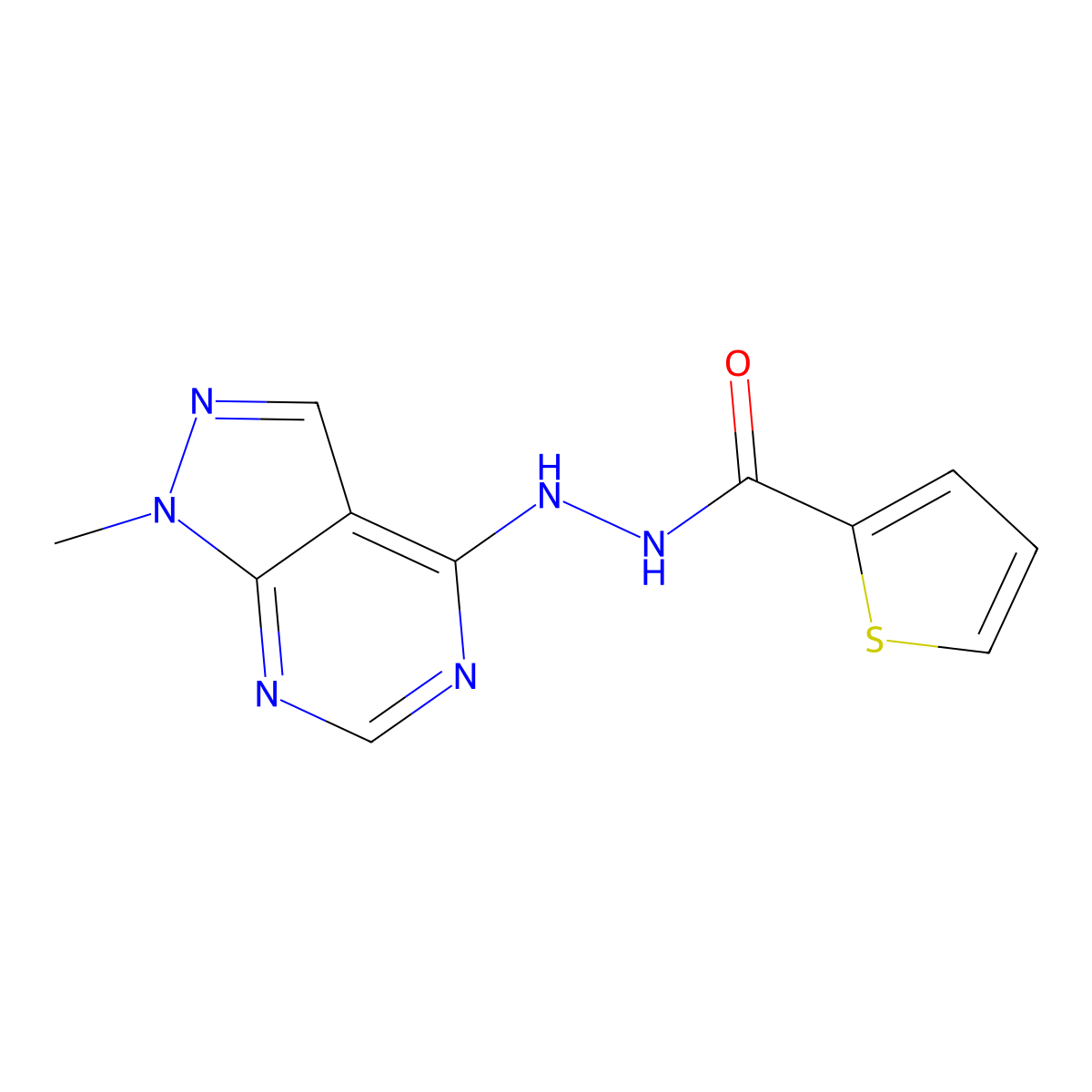 N'-(1-methyl-1H-pyrazolo[3,4-d]pyrimidin-4-yl)thiophene-2-carbohydrazide molecular structure, CAS 1081144-52-6