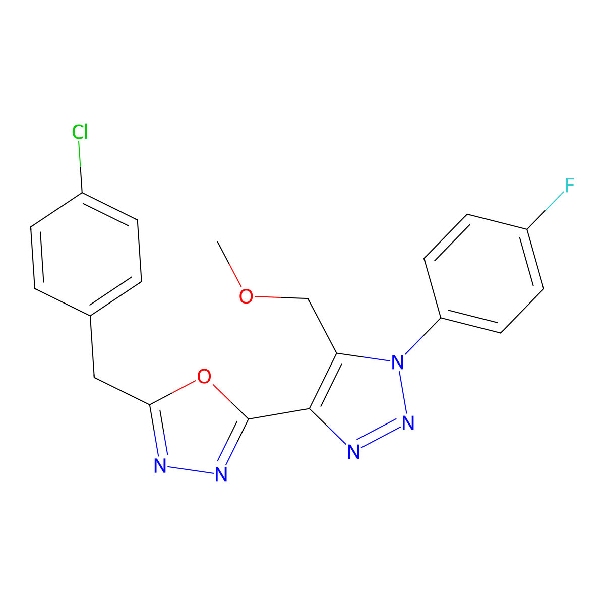 2-(4-chlorobenzyl)-5-(1-(4-fluorophenyl)-5-(methoxymethyl)-1H-1,2,3-triazol-4-yl)-1,3,4-oxadiazole molecular structure, CAS 1081146-18-0