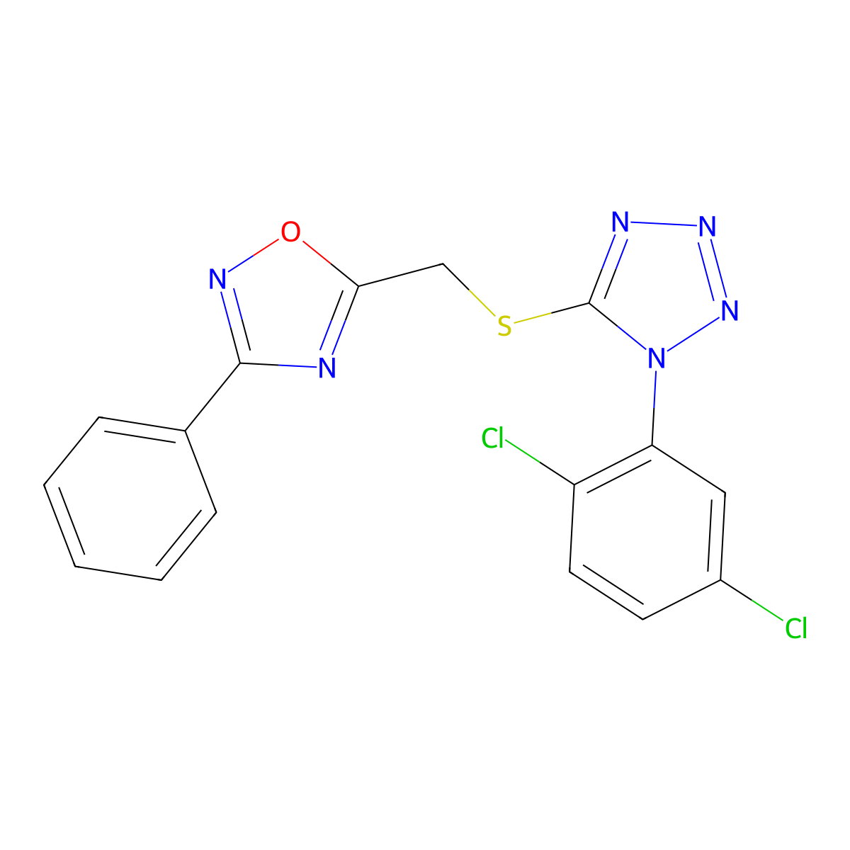 1-(2,5-dichlorophenyl)-5-{[(3-phenyl-1,2,4-oxadiazol-5-yl)methyl]sulfanyl}-1H-tetrazole molecular structure, CAS 1081147-86-5