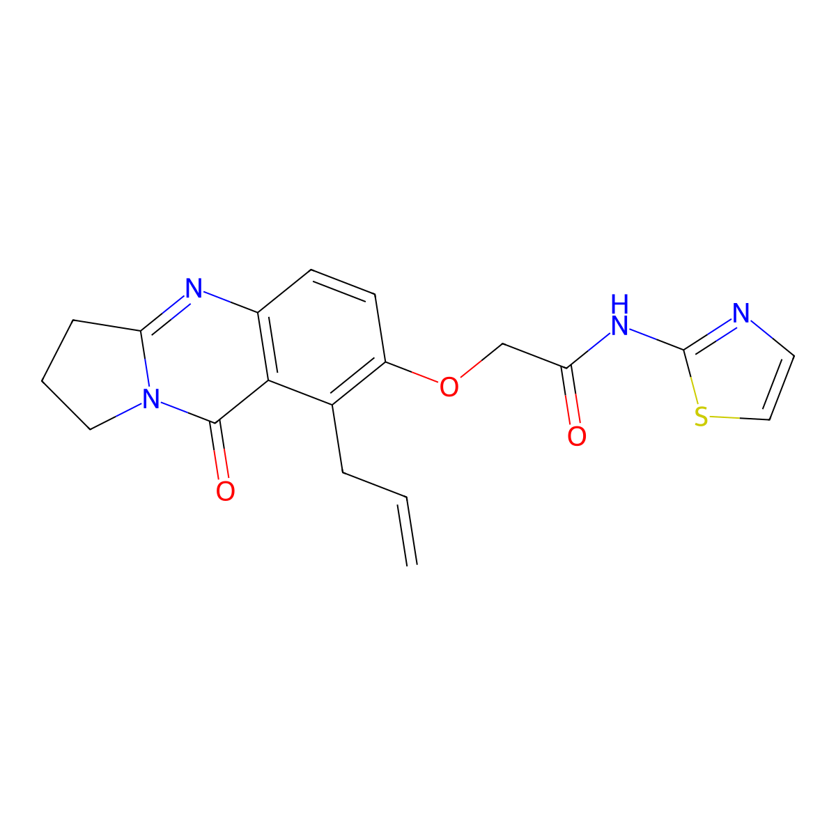 2-{[9-oxo-8-(prop-2-en-1-yl)-1,2,3,9-tetrahydropyrrolo[2,1-b]quinazolin-7-yl]oxy}-N-(1,3-thiazol-2-yl)acetamide molecular structure, CAS 1081148-02-8