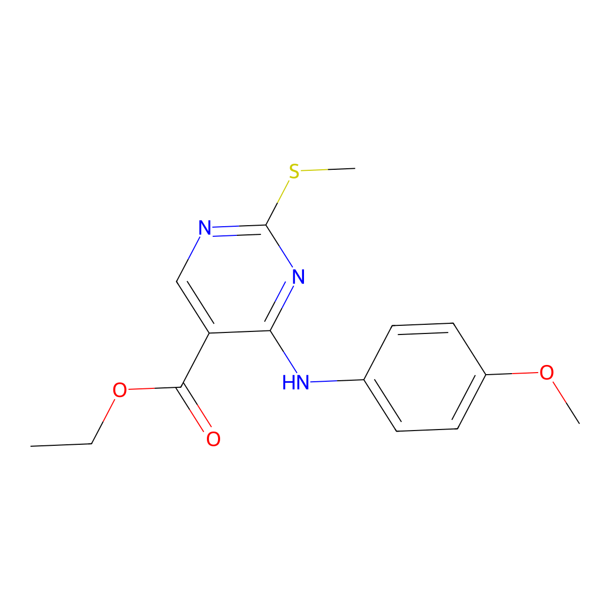 Ethyl 4-[(4-methoxyphenyl)amino]-2-(methylthio)-5-pyrimidinecarboxylate molecular structure, CAS 108123-25-7