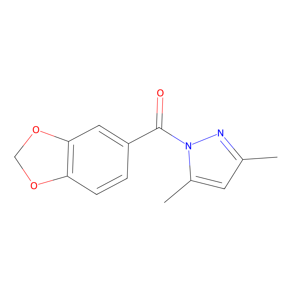1H-Pyrazole, 1-(1,3-benzodioxol-5-ylcarbonyl)-3,5-dimethyl- molecular structure, CAS 108132-58-7