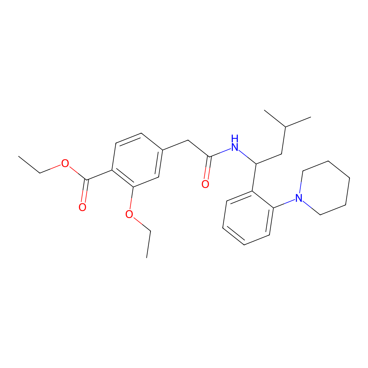 Ethyl 2-ethoxy-4-[N-(1-(2-piperidino-phenyl)-3-methyl-1-butyl)-aminocarbonylmethyl]benzoate molecular structure, CAS 108175-51-5