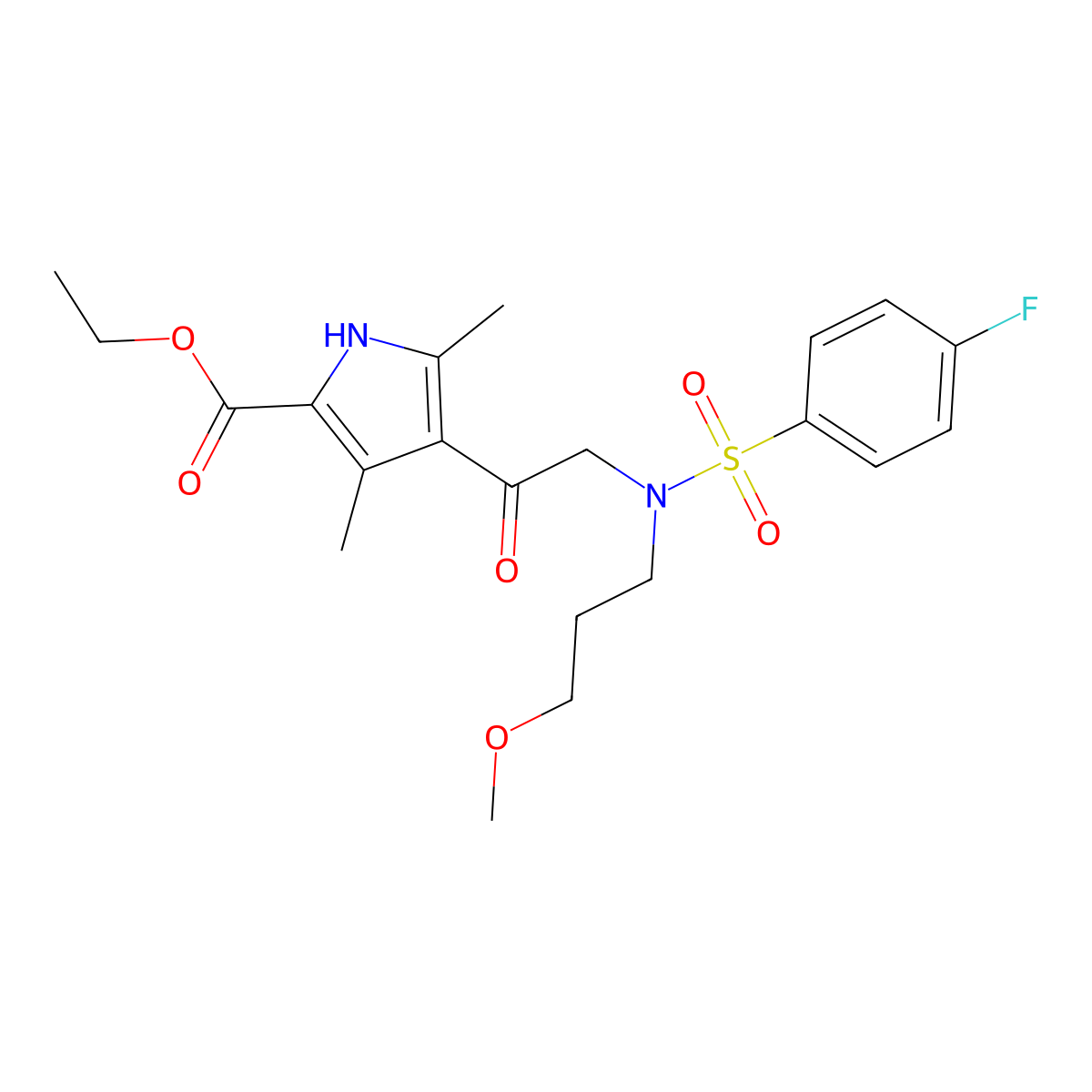 Ethyl 4-(N-((4-fluorophenyl)sulfonyl)-N-(3-methoxypropyl)glycyl)-3,5-dimethyl-1H-pyrrole-2-carboxylate molecular structure, CAS 1082003-84-6