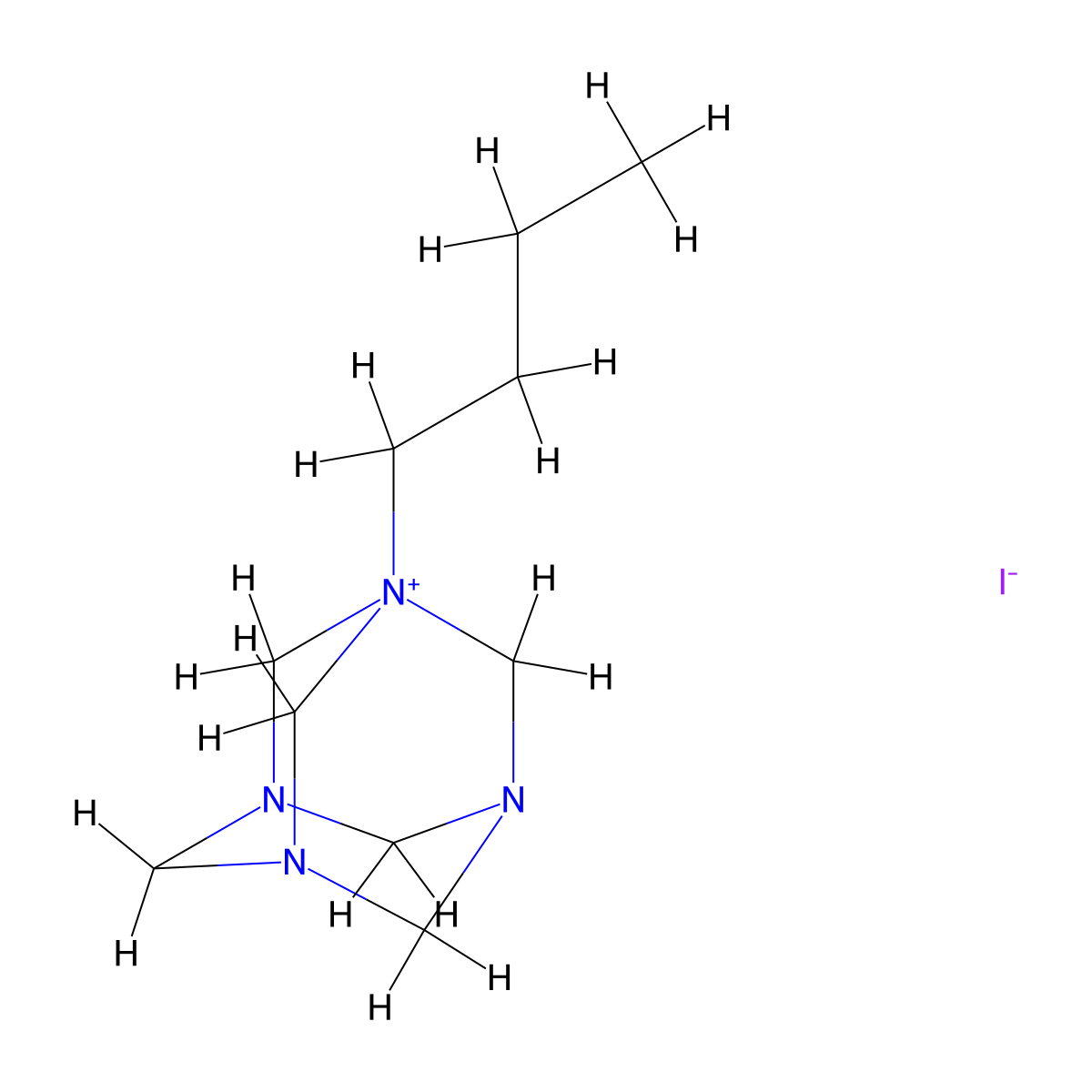 1-Butyl-1,3,5,7-tetraazatricyclo[3.3.1.1<3,7>]decane, iodide molecular structure, CAS 108203-73-2