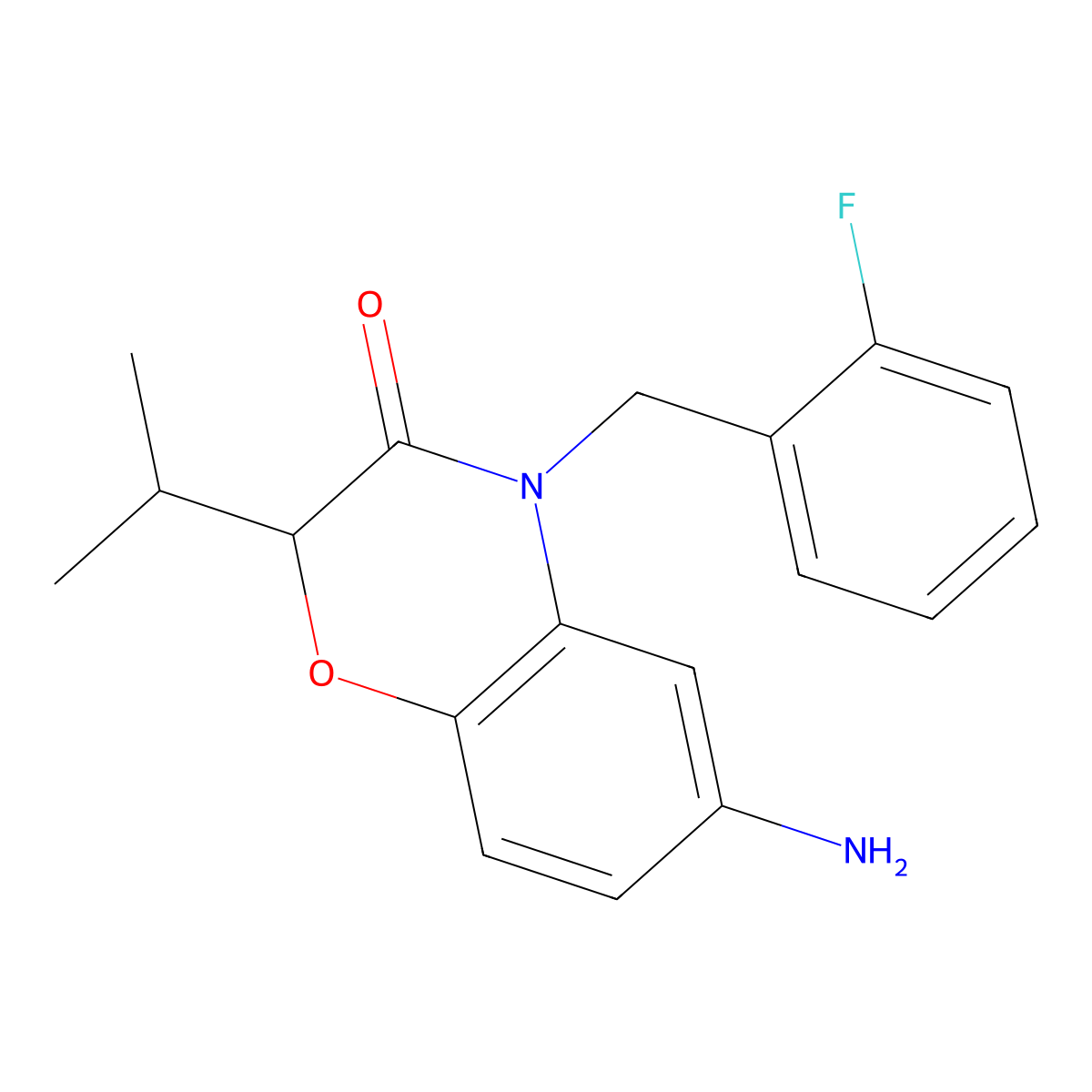 6-amino-4-[(2-fluorophenyl)methyl]-2-(propan-2-yl)-3,4-dihydro-2H-1,4-benzoxazin-3-one molecular structure, CAS 1082148-66-0