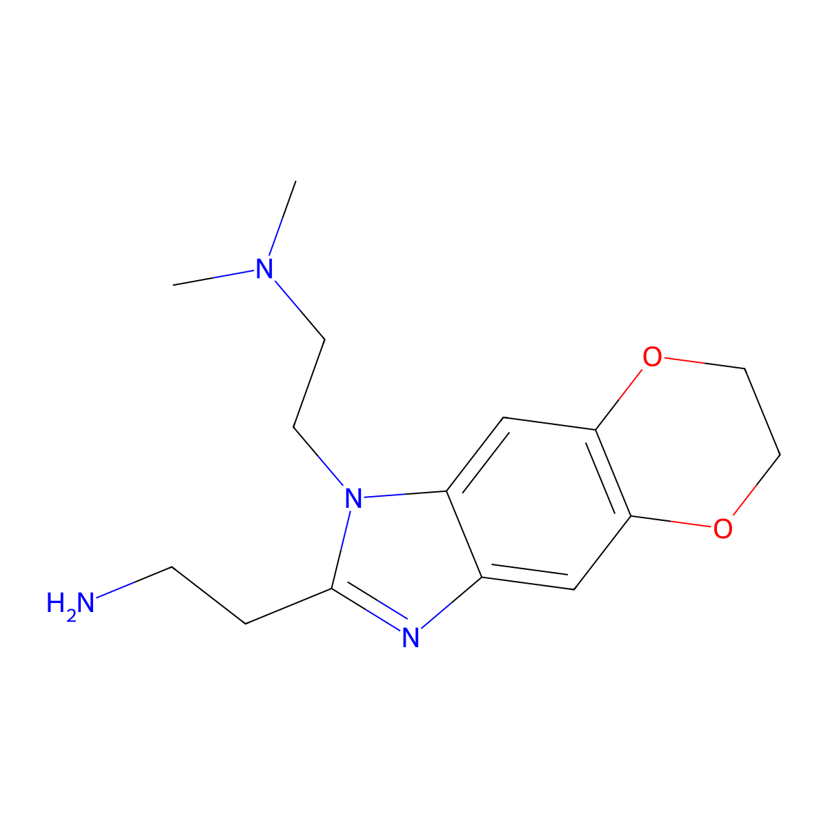2-{6-[2-(Dimethylamino)ethyl]-10,13-dioxa-4,6-diazatricyclo[7.4.0.0,3,7]trideca-1,3(7),4,8-tetraen-5-yl}ethan-1-amine molecular structure, CAS 1082344-58-8