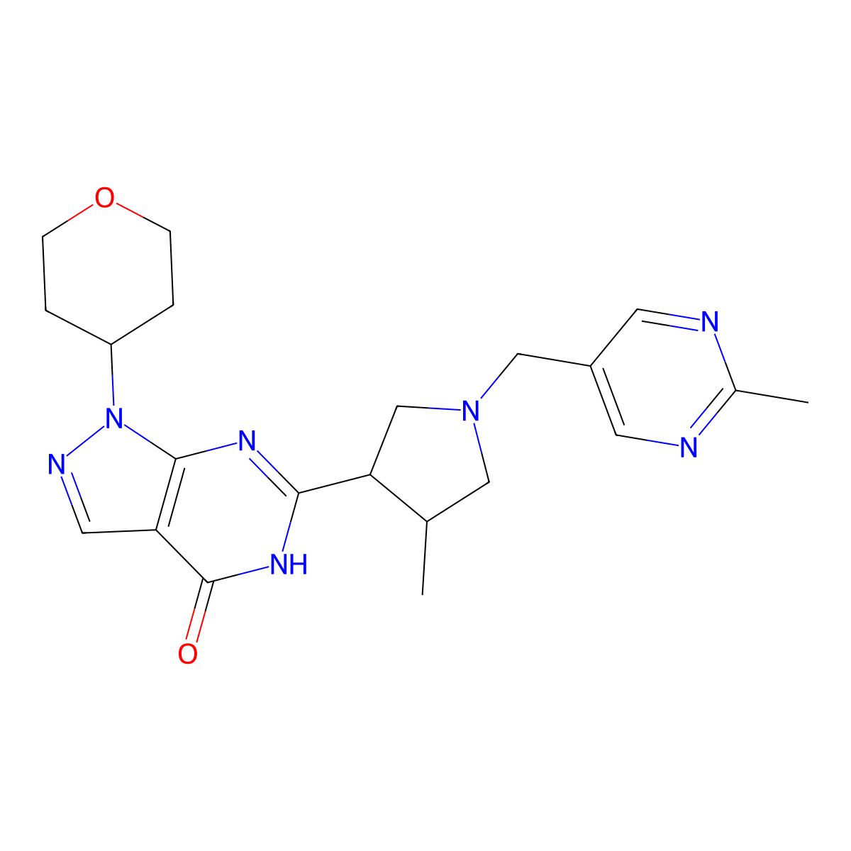 6-((3S,4S)-4-Methyl-1-((2-methylpyrimidin-5-YL)methyl)pyrrolidin-3-YL)-1-(tetrahydro-2H-pyran-4-YL)-1,5-dihydro-4H-pyrazolo[3,4-D]pyrimidin-4-one molecular structure, CAS 1082743-82-5