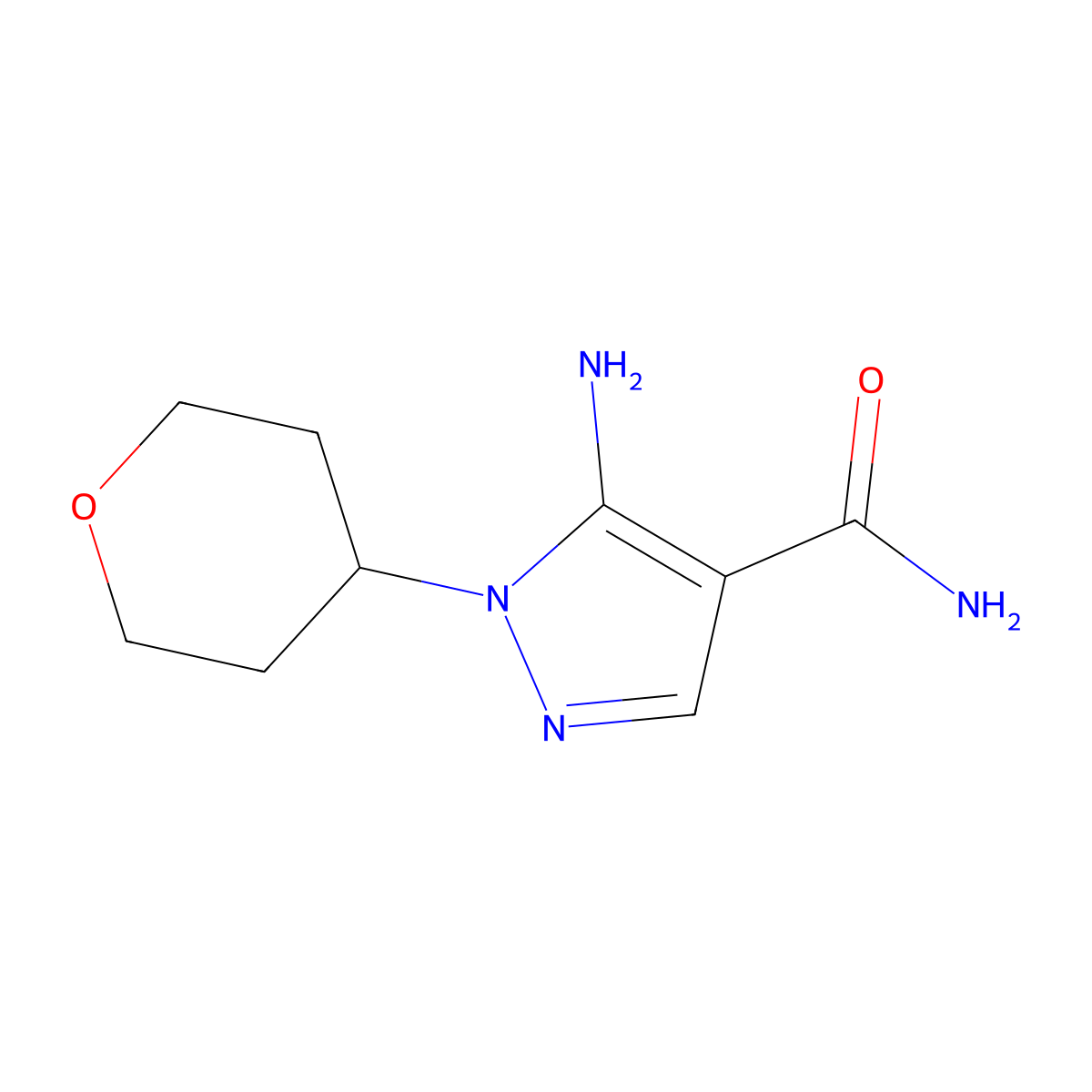 5-amino-1-(tetrahydro-2H-pyran-4-yl)-1H-pyrazole-4-carboxamide molecular structure, CAS 1082745-50-3