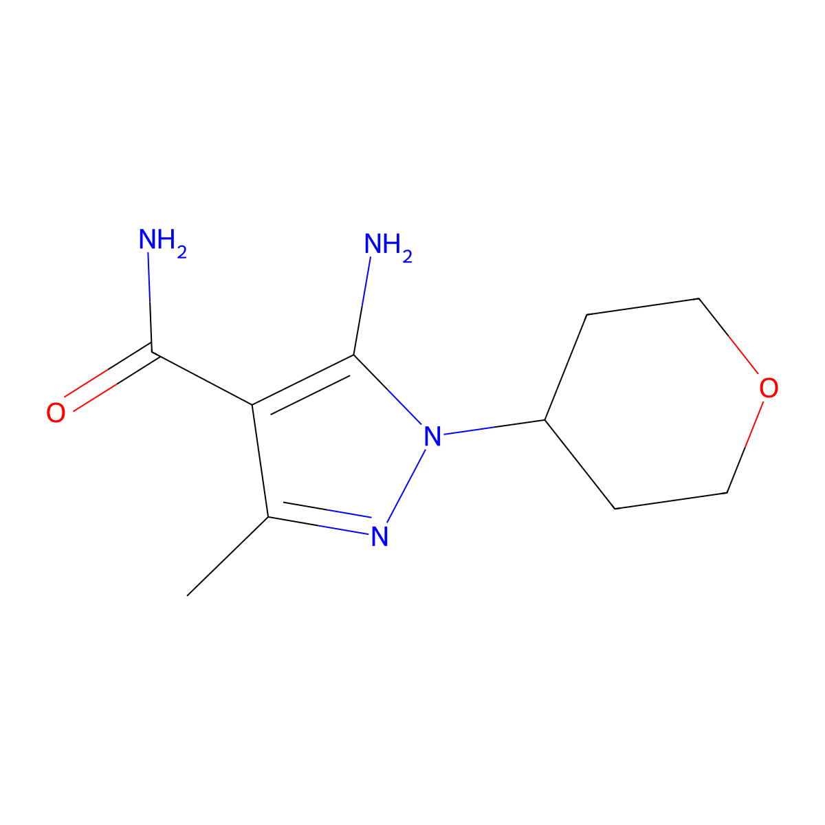 5-amino-3-methyl-1-(tetrahydro-2H-pyran-4-yl)-1H-pyrazole-4-carboxamide molecular structure, CAS 1082745-62-7