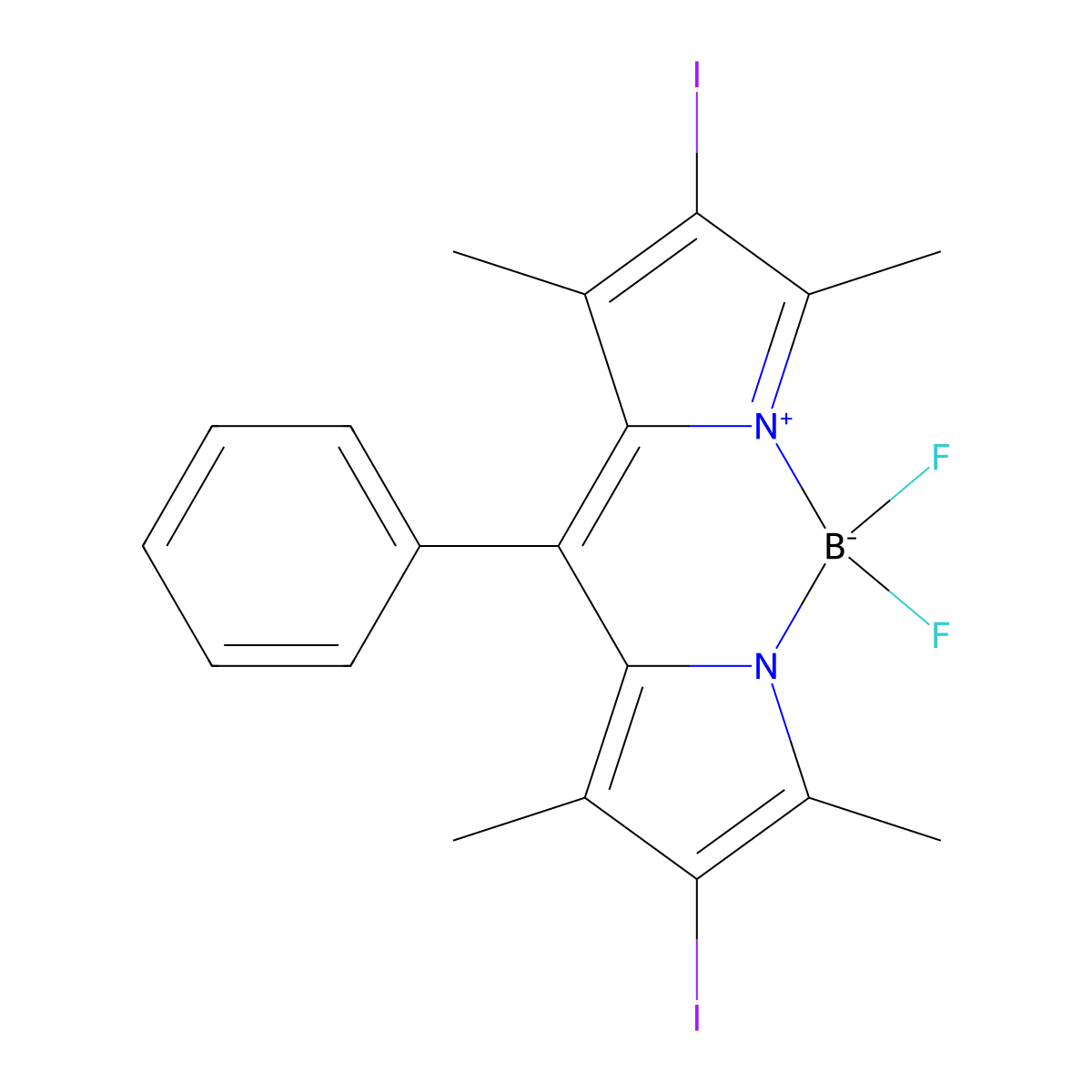 5,5-Difluoro-2,8-diiodo-1,3,7,9-tetramethyl-10-phenyl-5H-dipyrrolo[1,2-c:2',1'-f][1,3,2]diazaborinin-4-ium-5-uide molecular structure, CAS 1083009-44-2