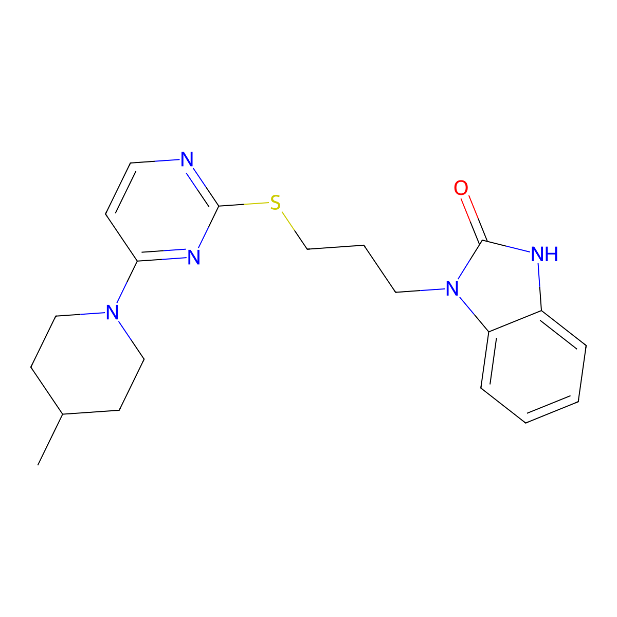 1-(3-{[4-(4-methylpiperidin-1-yl)pyrimidin-2-yl]sulfanyl}propyl)-1,3-dihydro-2H-benzimidazol-2-one molecular structure, CAS 1083197-43-6