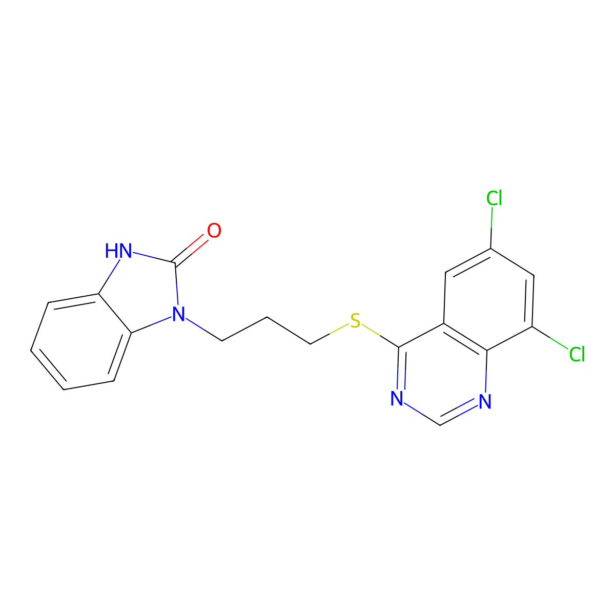 1-{3-[(6,8-dichloroquinazolin-4-yl)sulfanyl]propyl}-1,3-dihydro-2H-benzimidazol-2-one molecular structure, CAS 1083197-47-0