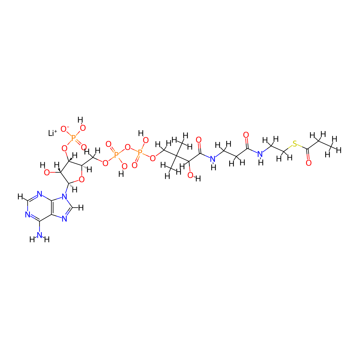 lithium [(2R,3S,4R,5R)-5-(6-aminopurin-9-yl)-4-hydroxy-2-[[hydroxy-[hydroxy-[3-hydroxy-2,2-dimethyl-4-oxo-4-[[3-oxo-3-(2-propanoylsulfanylethylamino)propyl]amino]butoxy]phosphoryl]oxyphosphoryl]oxymethyl]oxolan-3-yl] hydrogen phosphate molecular structure, CAS 108321-21-7
