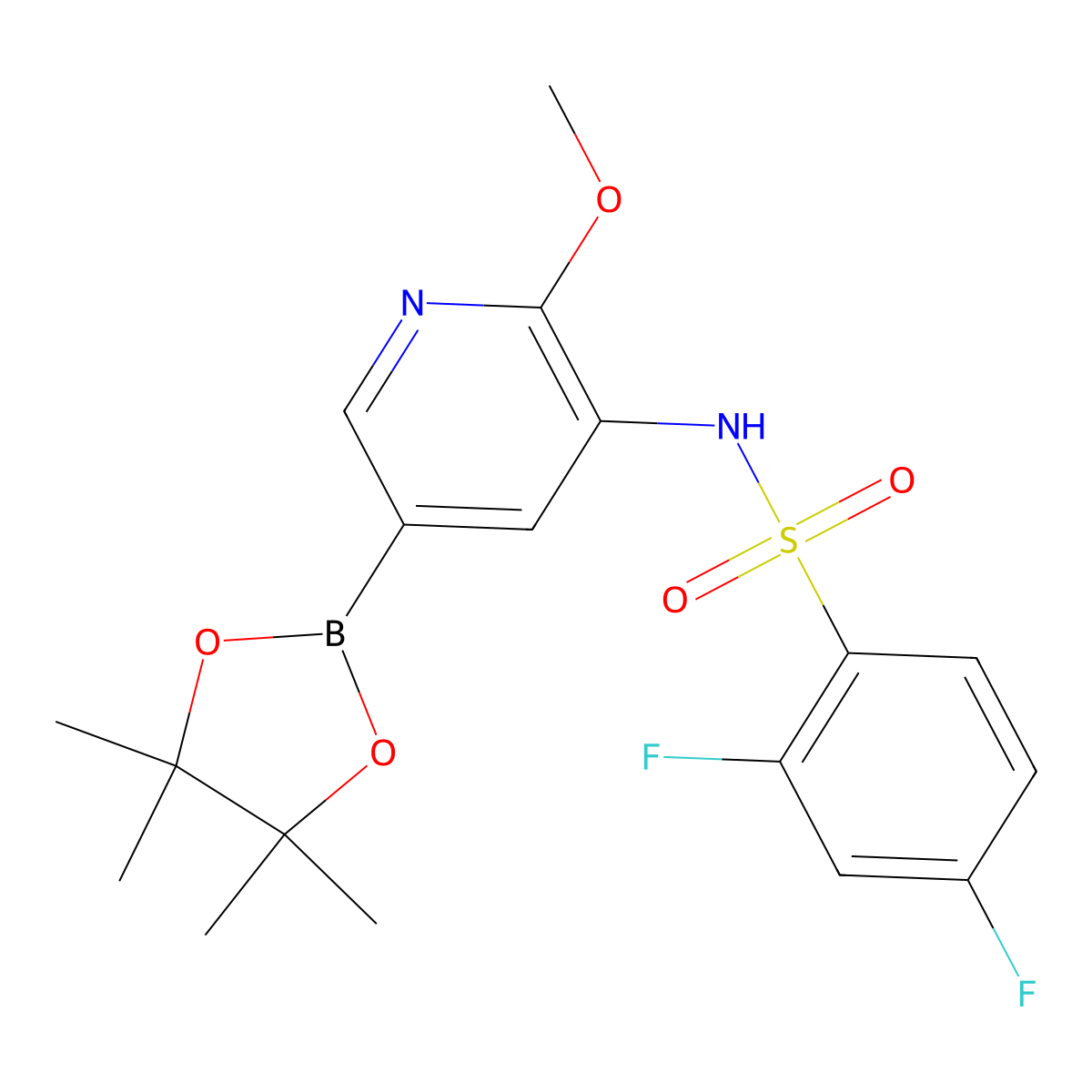 2,4-difluoro-N-(2-methoxy-5-(4,4,5,5-tetramethyl-1,3,2-dioxaborolan-2-yl)pyridin-3-yl)benzenesulfonamide molecular structure, CAS 1083326-73-1
