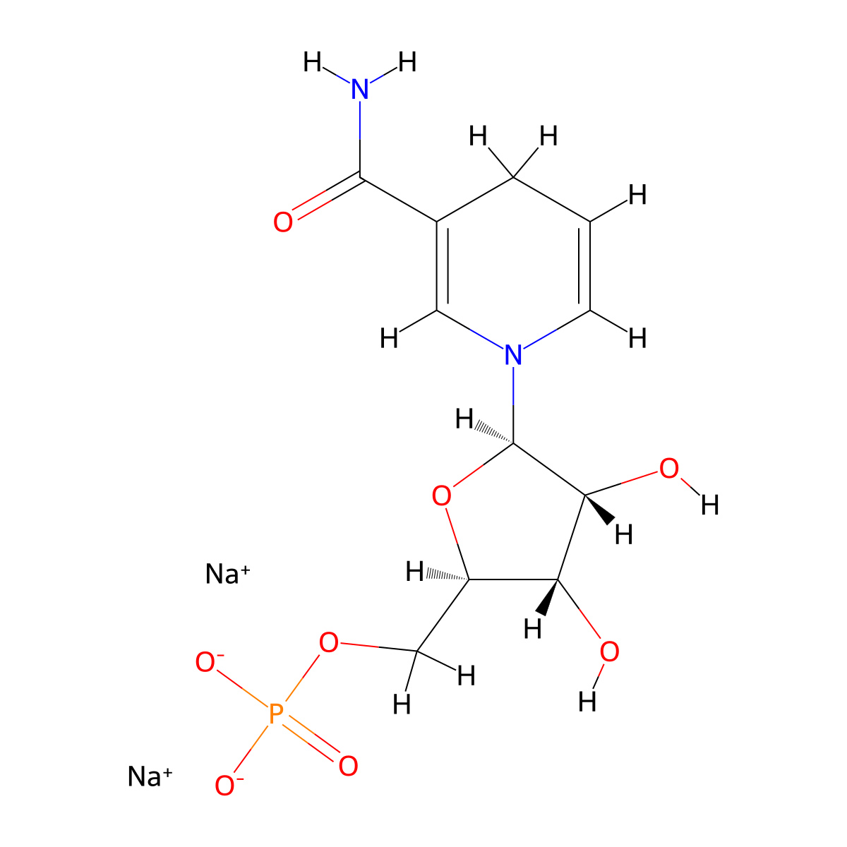 Sodium ((2R,3S,4R,5R)-5-(3-carbamoylpyridin-1(4H)-yl)-3,4-dihydroxytetrahydrofuran-2-yl)methyl phosphate molecular structure, CAS 108347-85-9