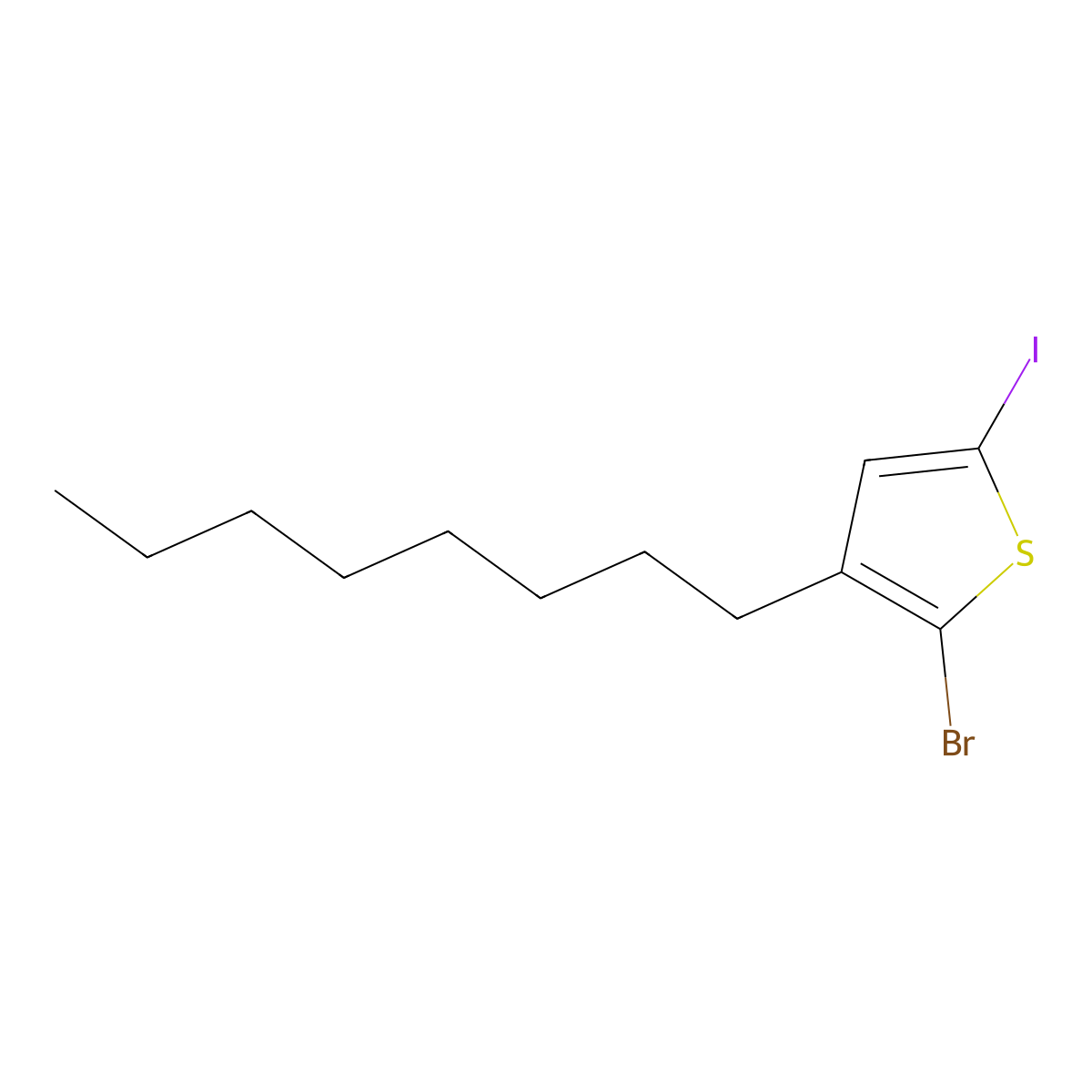 2-Bromo-5-iodo-3-n-octylthiophene (stabilized with Copper chip) molecular structure, CAS 1085181-82-3
