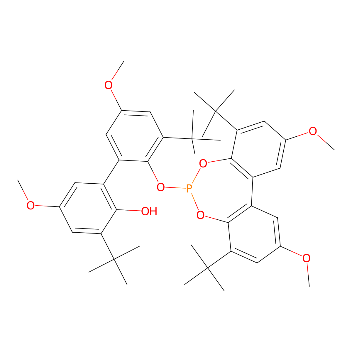 3,3'-Di-tert-butyl-2'-((4,8-di-tert-butyl-2,10-dimethoxydibenzo[d,f][1,3,2]dioxaphosphepin-6-yl)oxy)-5,5'-dimethoxy-[1,1'-biphenyl]-2-ol molecular structure, CAS 108609-96-7